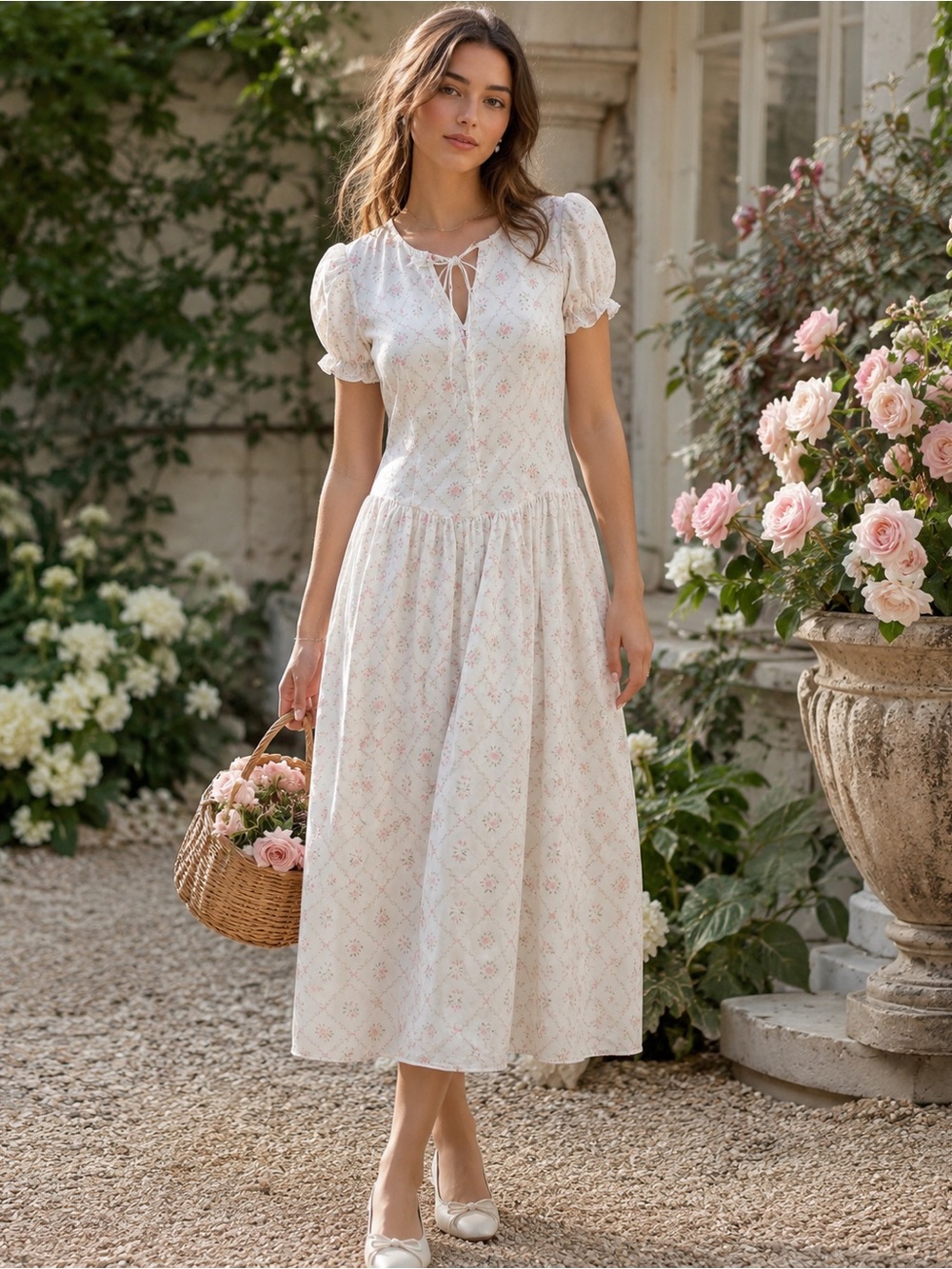 Anthropologie Jacquie The Label Floral Midi Dress Size S Puff Sleeve Tie